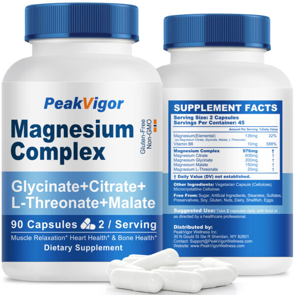 Magnesium Complex Capsules | 5-in-1 Formula | Dietary Supplement | 60 Capsules Per Bottle (30 Servings) | Vegan, Non-GMO