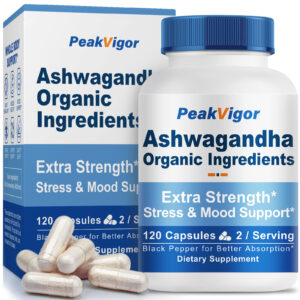 PeakVigor Organic Ashwagandha 350mg with Black Pepper - Non-GMO Energy Support Supplement,Vegan, Gluten Free- 120 Capsules