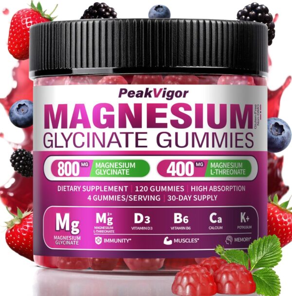 Magnesium Complex Gummies with Mg Glycinate & Magnesium L-Threonate, 120 Counts，30 Days Supply,Vegan, Organic & Gut-Friendly