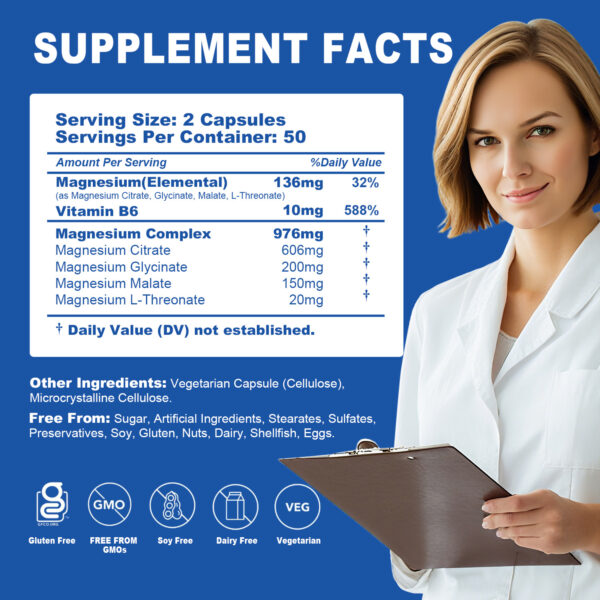 Magnesium Complex Capsules | 5-in-1 Formula | Dietary Supplement | 60 Capsules Per Bottle (30 Servings) | Vegan, Non-GMO - 图片 7